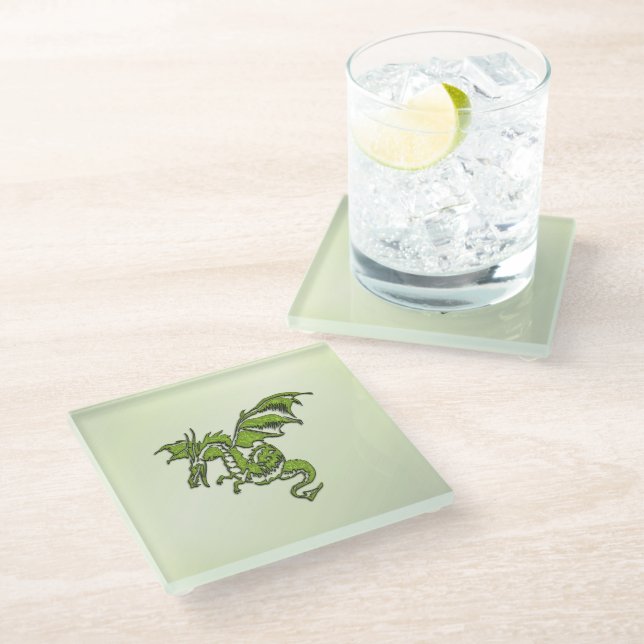 Green Flying Dragon  Glass Coaster (Angled)