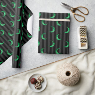 Green Foil Crescent Moon & Stripes Halloween Wrapping Paper