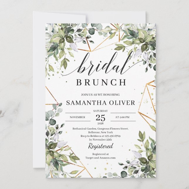 Green foliage and gold frames boho bridal brunch invitation (Front)