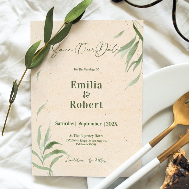 Green Foliage, Beige Craft Paper, Save The Date Invitation (Creator Uploaded)