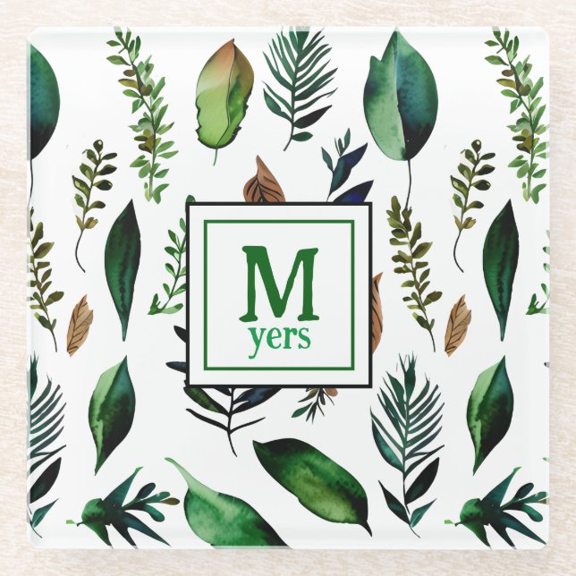 Green Foliage Botanical Nature Personalised Glass Coaster (Front)