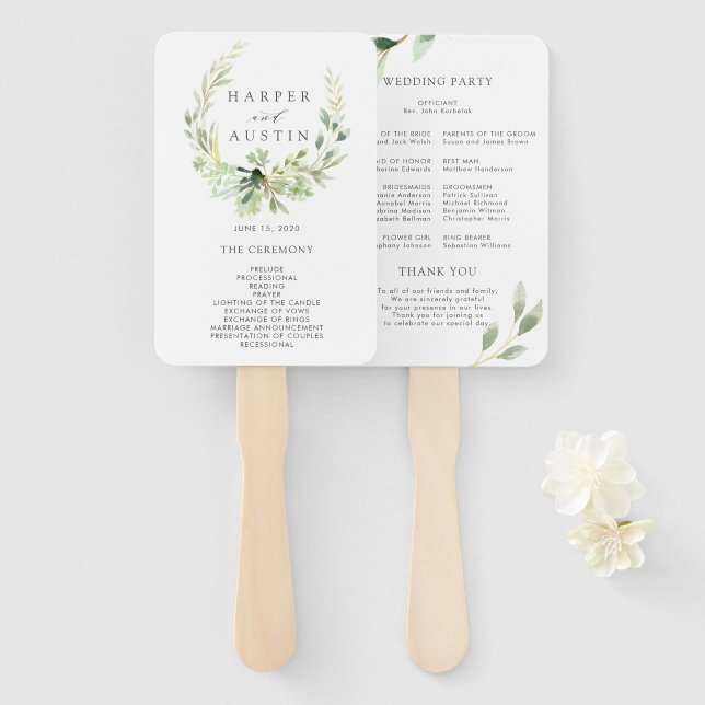 Green Foliage Botanical Wreath Wedding Program Hand Fan (Front and Back)