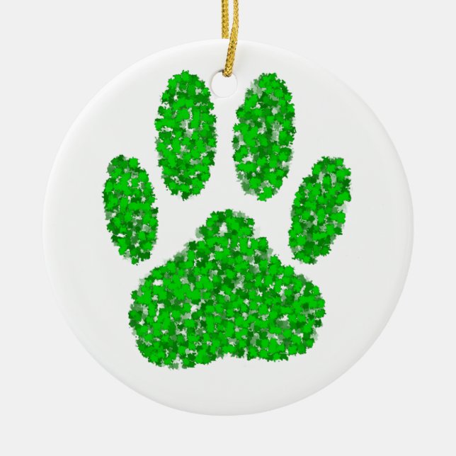 Green Foliage Dog Paw Print Ceramic Tree Decoration (Front)