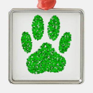 Green Foliage Dog Paw Print Metal Ornament