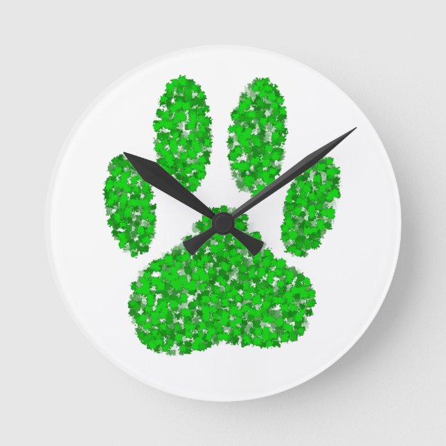 Green Foliage Dog Paw Print Round Clock (Front)
