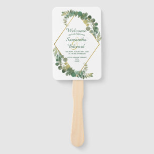 Green Foliage Gold Diamond Frame Wedding Program Hand Fan