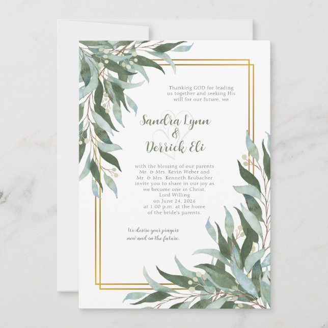 Green Foliage Greenery Gold Frame Wedding Invitation (Front)