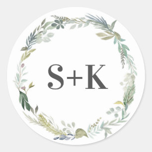 Green Foliage leaf Initial wedding stickers