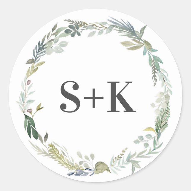 Green Foliage leaf Initial wedding stickers (Front)