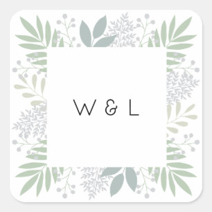 Green foliage monogram sticker   Square