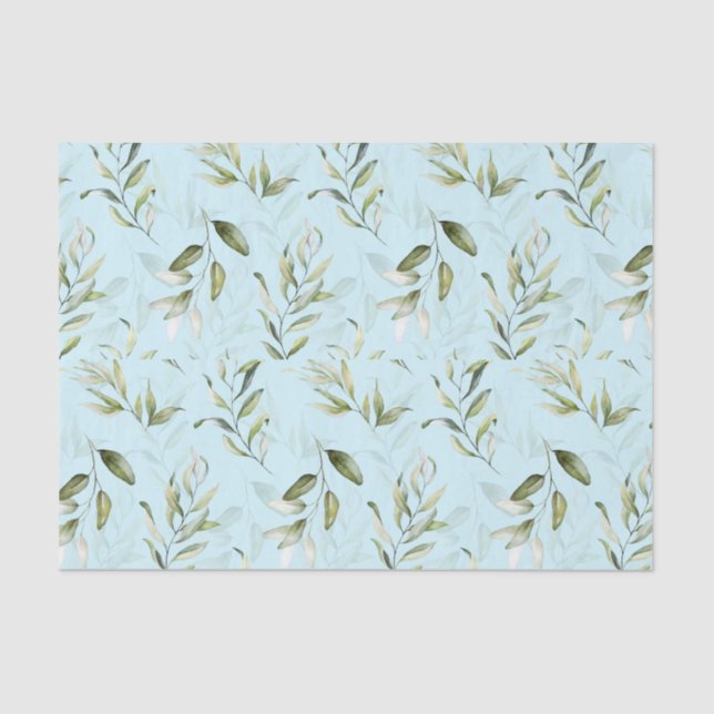 Green Foliage Pale Blue Baby Boy Shower Tissue Paper (Front)