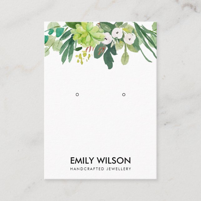 GREEN FOLIAGE SUCCULENT PEONY EARING DISPLAY BUSINESS CARD (Front)