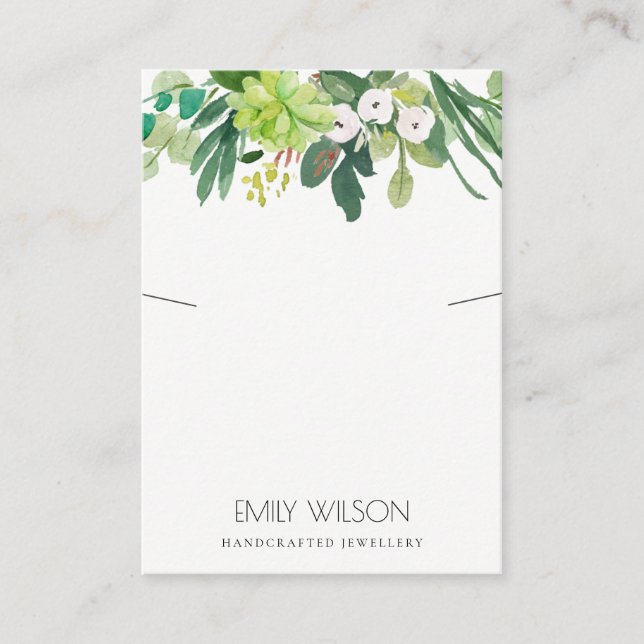GREEN FOLIAGE SUCCULENT PEONY NECKLACE DISPLAY BUSINESS CARD (Front)