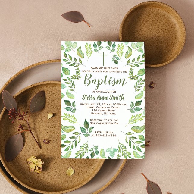 Green Foliage Watercolor Baptism Invitation (Creator Uploaded)