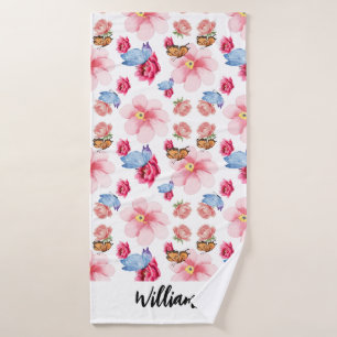 Green Foliage Watercolor Flowers  Bath Towel