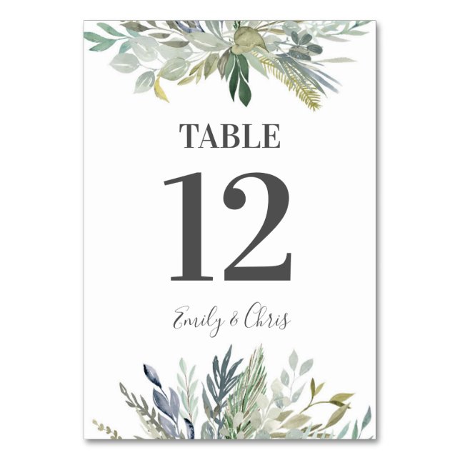 Green Foliage Watercolour Wedding table cards (Front)