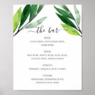 Green foliage wedding alcohol drinks bar menu poster