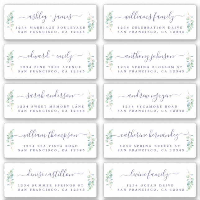 Green Foliage Wedding Guest Address Labels (Front)
