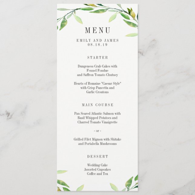Green Foliage Wedding Menu Card (Front)