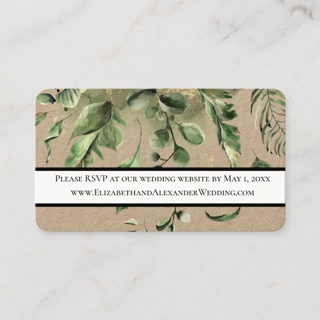 Green Foliage Wedding Website RSVP Mini Business Card (Front)