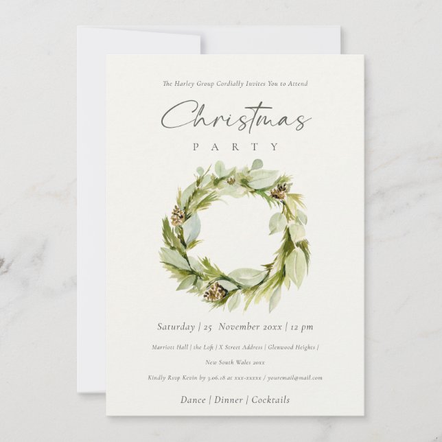 Green Foliage Winter Wreath Christmas Party Invitation (Front)