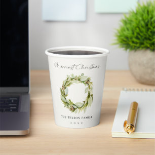Green Foliage Winter Wreath Merriest Christmas  Paper Cups