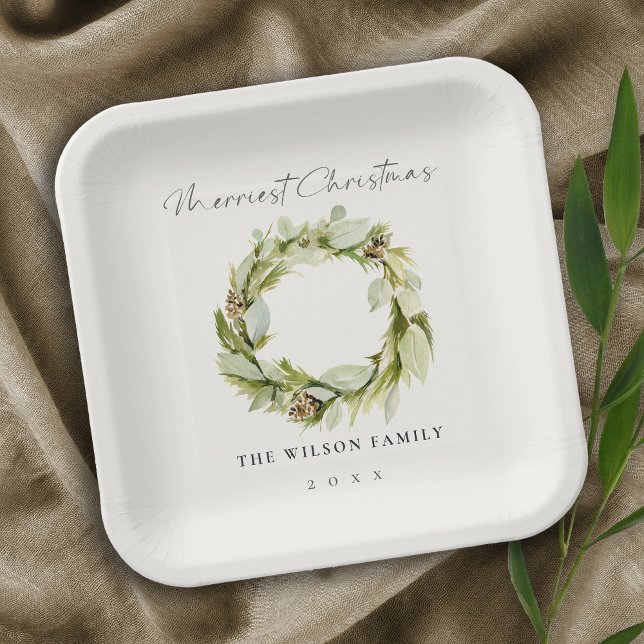 Green Foliage Winter Wreath Merriest Christmas  Paper Plate (Creator Uploaded)