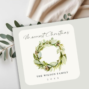 Green Foliage Winter Wreath Merriest Christmas  Square Sticker