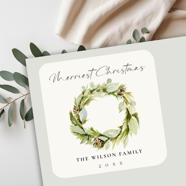 Green Foliage Winter Wreath Merriest Christmas  Square Sticker (Creator Uploaded)