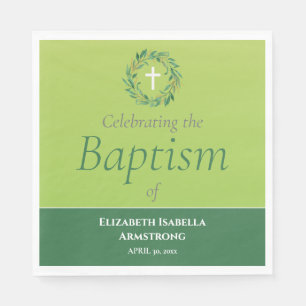 Green Foliage Wreath and Cross Spring Baptism Napkin