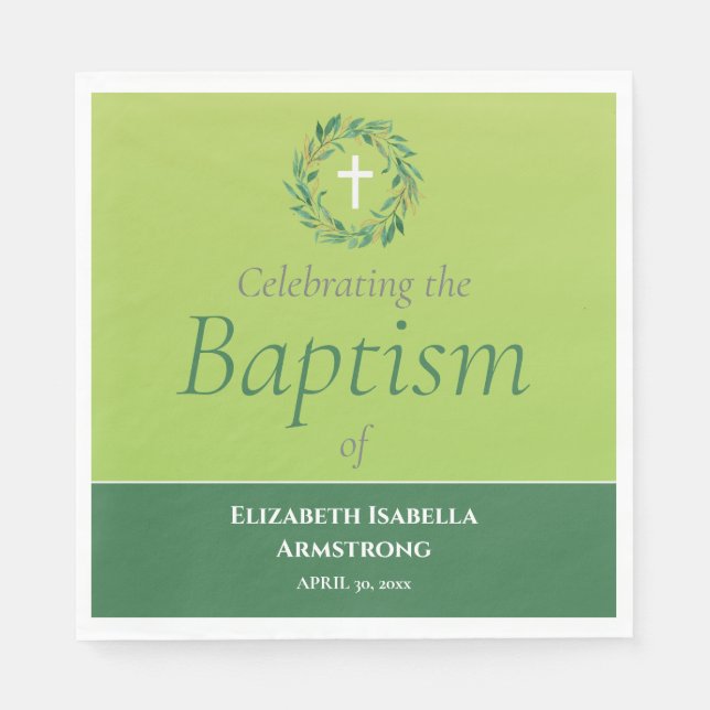 Green Foliage Wreath and Cross Spring Baptism Napkin (Front)