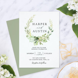Green Foliage Wreath Botanical Wedding Invitation