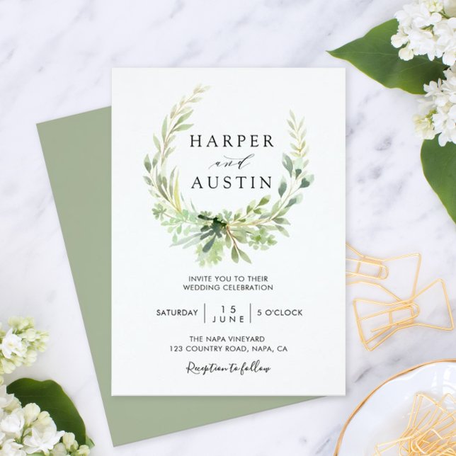 Green Foliage Wreath Botanical Wedding Invitation (Creator Uploaded)