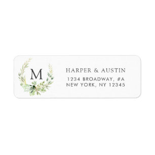 Green Foliage Wreath Monogram Return Address Label