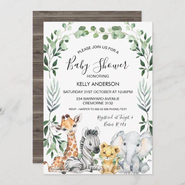 Green Foliage Wreath Safari Animals Baby Shower Invitation (Front/Back)