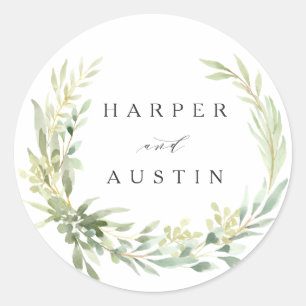 Green Foliage Wreath Watercolor Botanical Wedding Classic Round Sticker