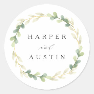 Green Foliage Wreath watercolor Botanical Wedding Classic Round Sticker