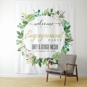 GREEN FOLIAGE WREATH WATERCOLOR ENGAGEMENT WELCOME TAPESTRY