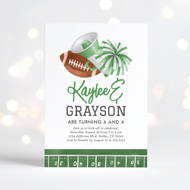 Green Football and Cheerleading Joint Birthday Invitation (Creator Uploaded)