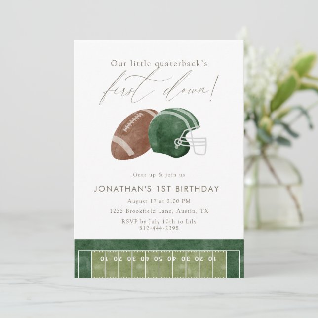 Green Football Helmet First Birthday Invitation (Standing Front)