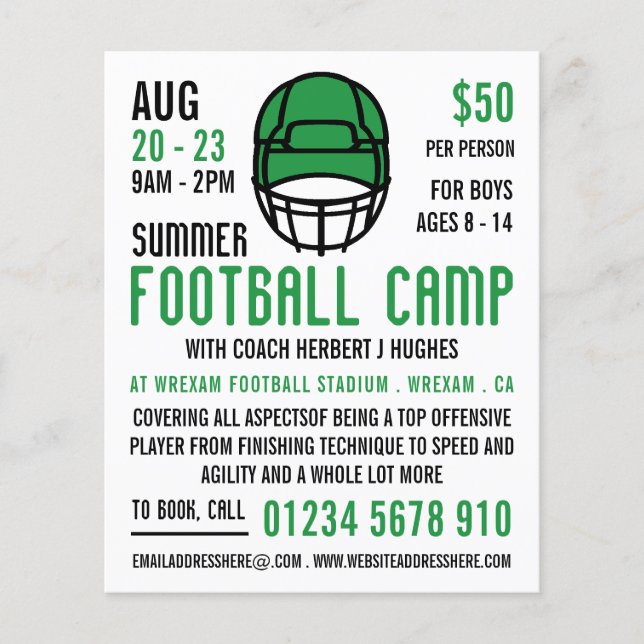 Green Football Helmet, Football Camp Advertising Flyer (Front)