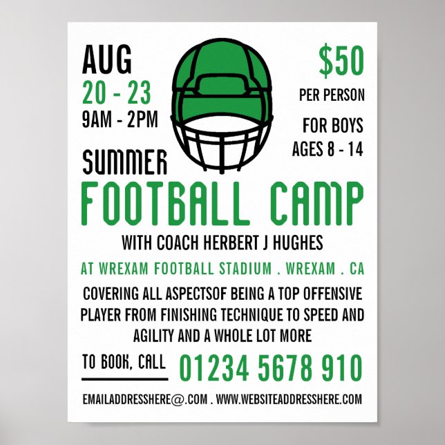 Green Football Helmet, Football Camp Advertising Poster (Front)