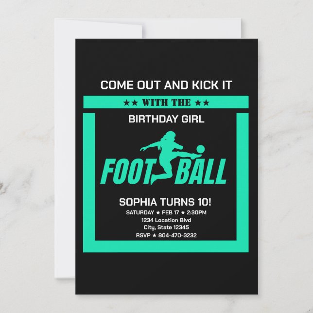 Green Football Player Girl, Birthday Girl Team  Invitation (Front)