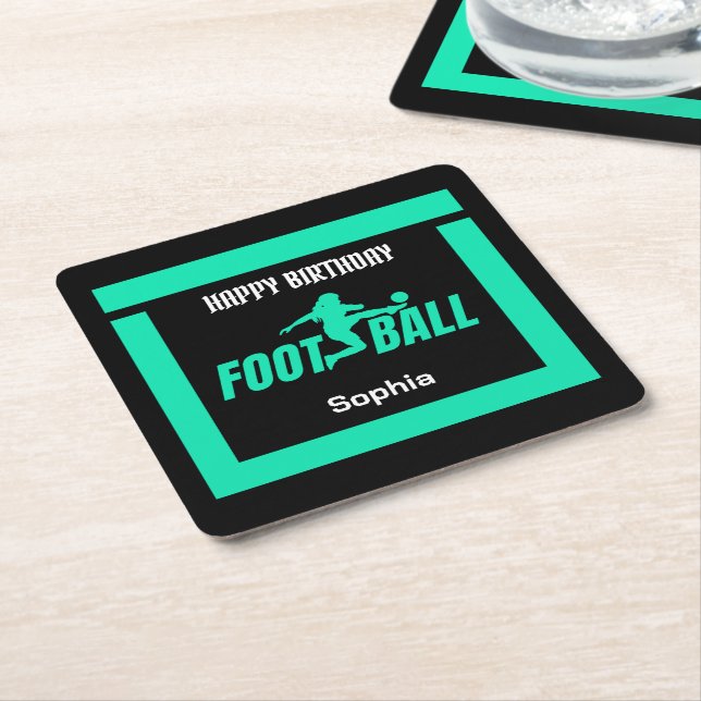 Green Football Player Girl, Birthday Girl Team  Square Paper Coaster (Angled)