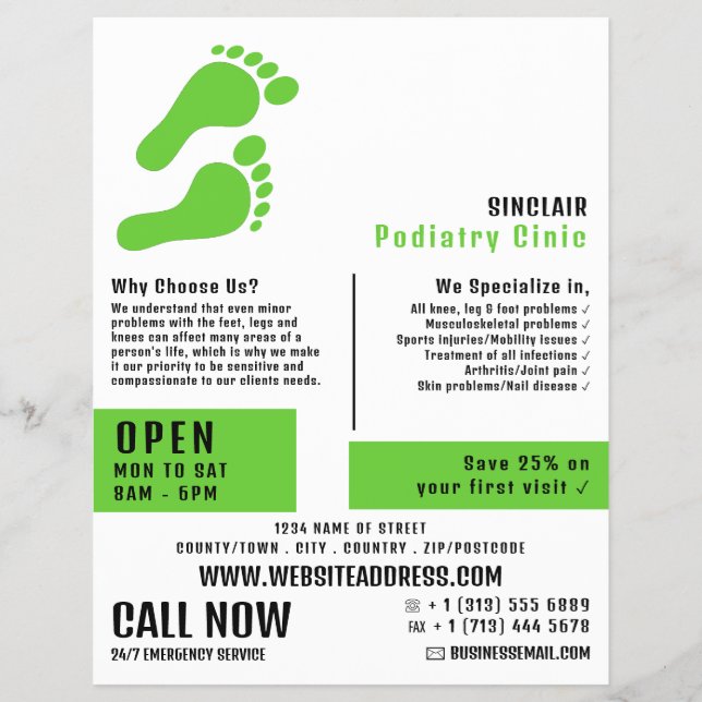 Green Footprints, Podiatry Clinic, Podiatrist Flyer (Front)