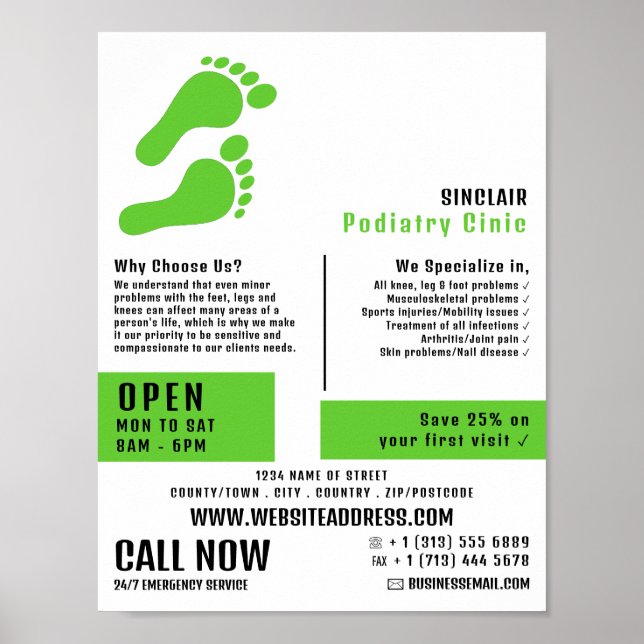 Green Footprints, Podiatry Clinic, Podiatrist Poster (Front)