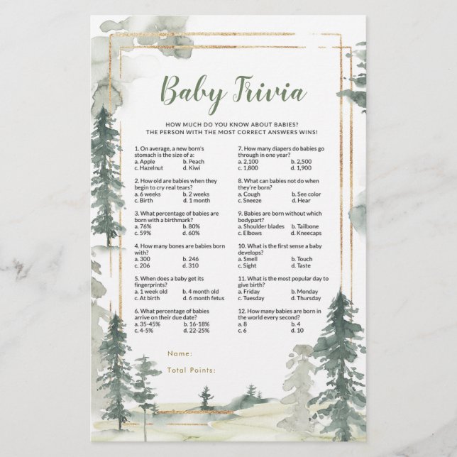 Green Forest Adventure Baby Trivia Game (Front)