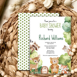 Green forest animal baby shower invitation 
