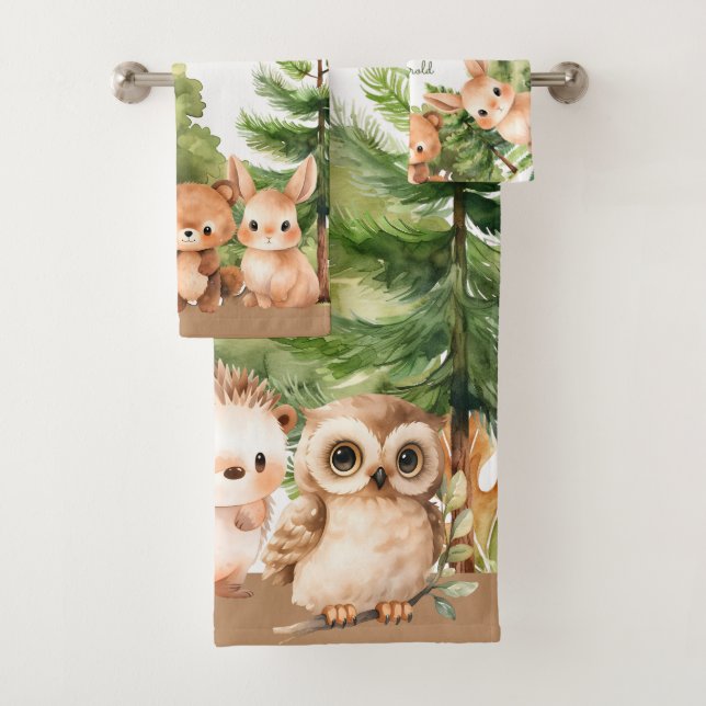 Green Forest Animals Woodland Monogrammed Bath Towel Set (Insitu)