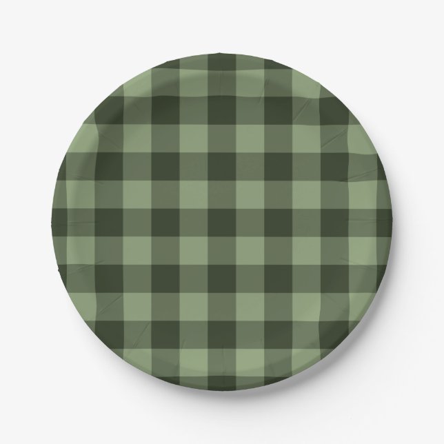 Green Forest Chequered Squares Plaid Party Paper Plate (Front)